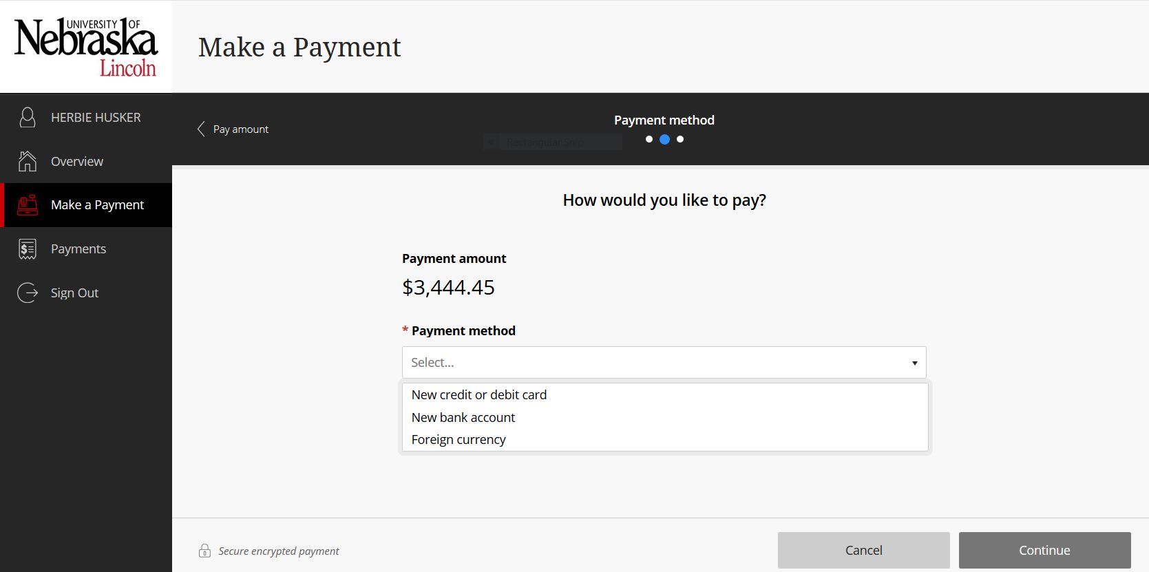 Make a payment screen shows payment method dropdown