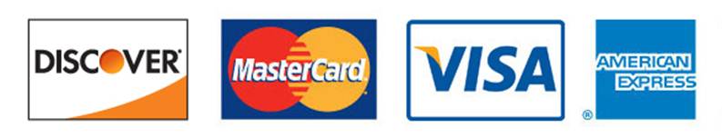 Four credit card logos: Mastercard, Visa, Discover, American Express